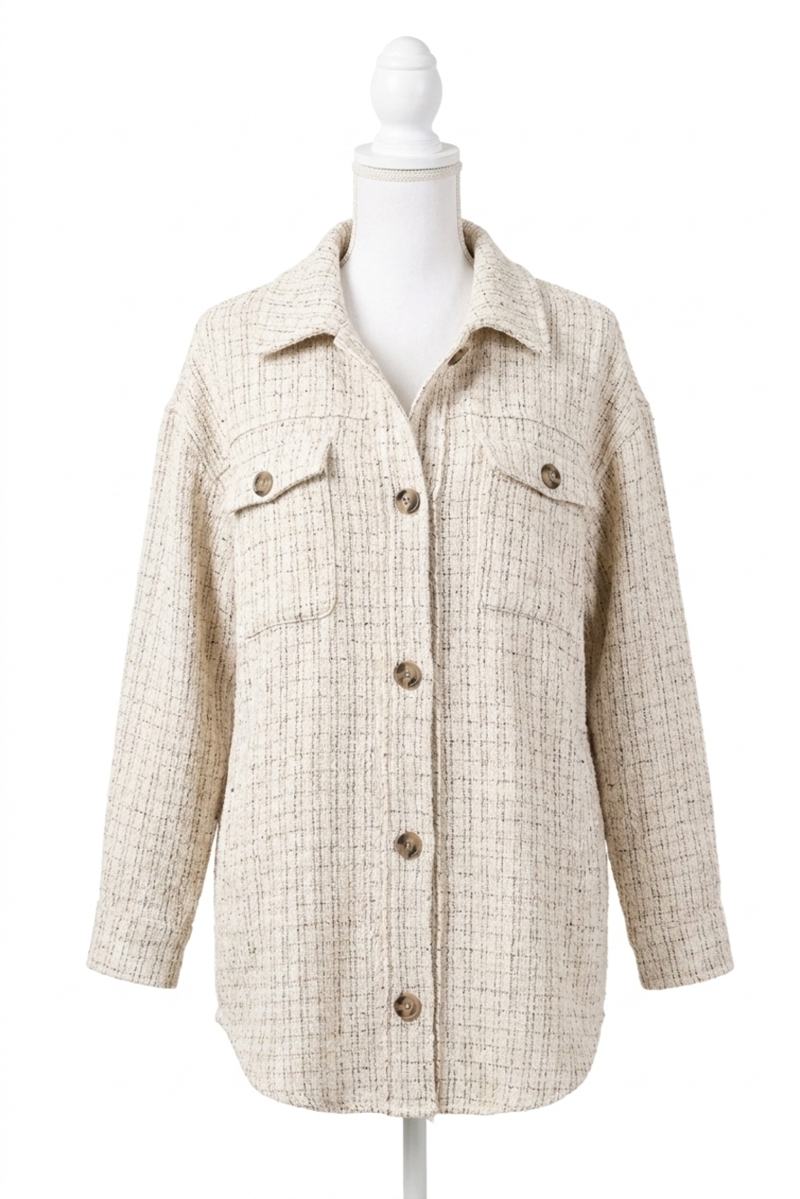 NEW AND THE WHY tweed button down shacket in beige